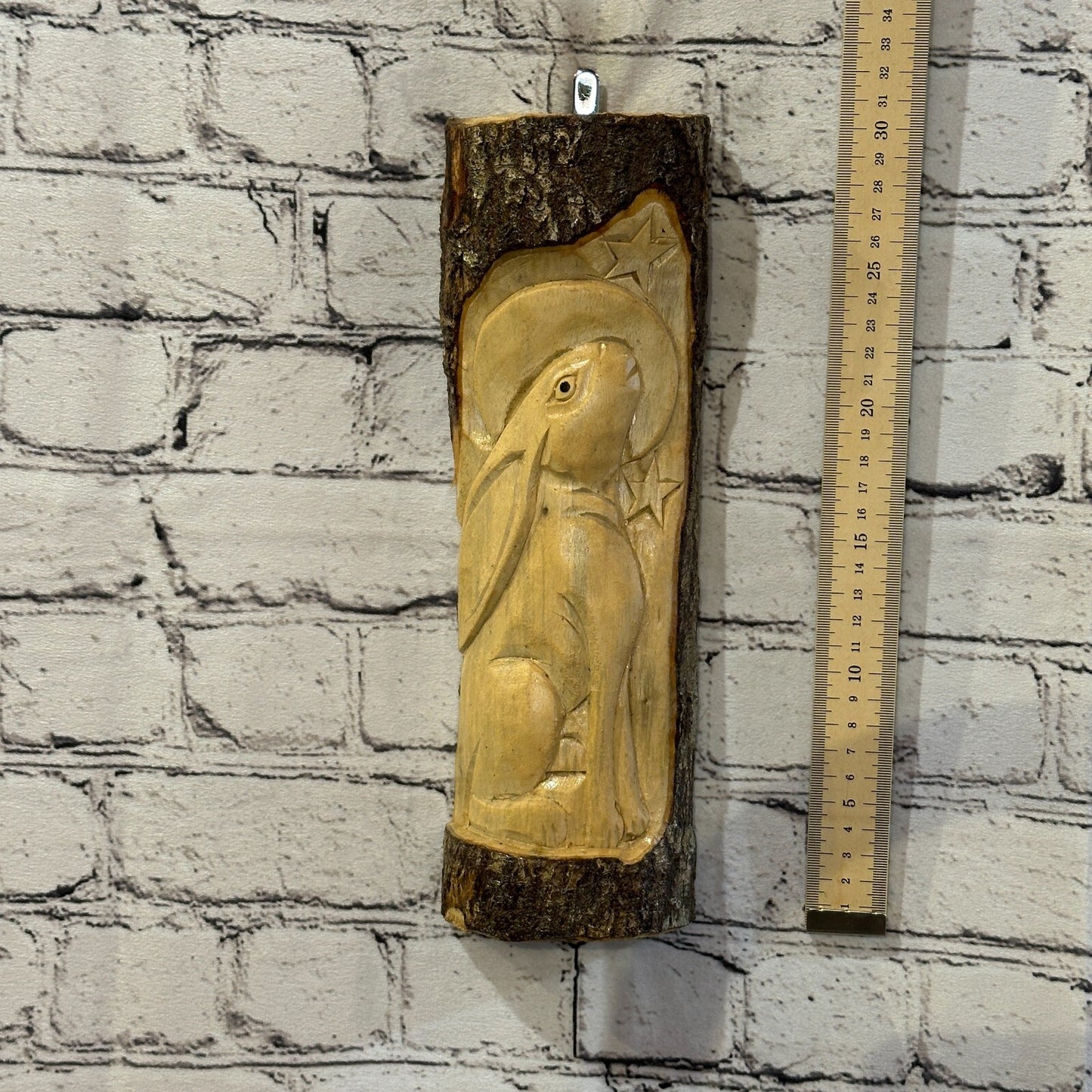 Hare With Moon Of The Woods 30cm Hand Carved Wizard Tree Trunk Wood Fairtrade