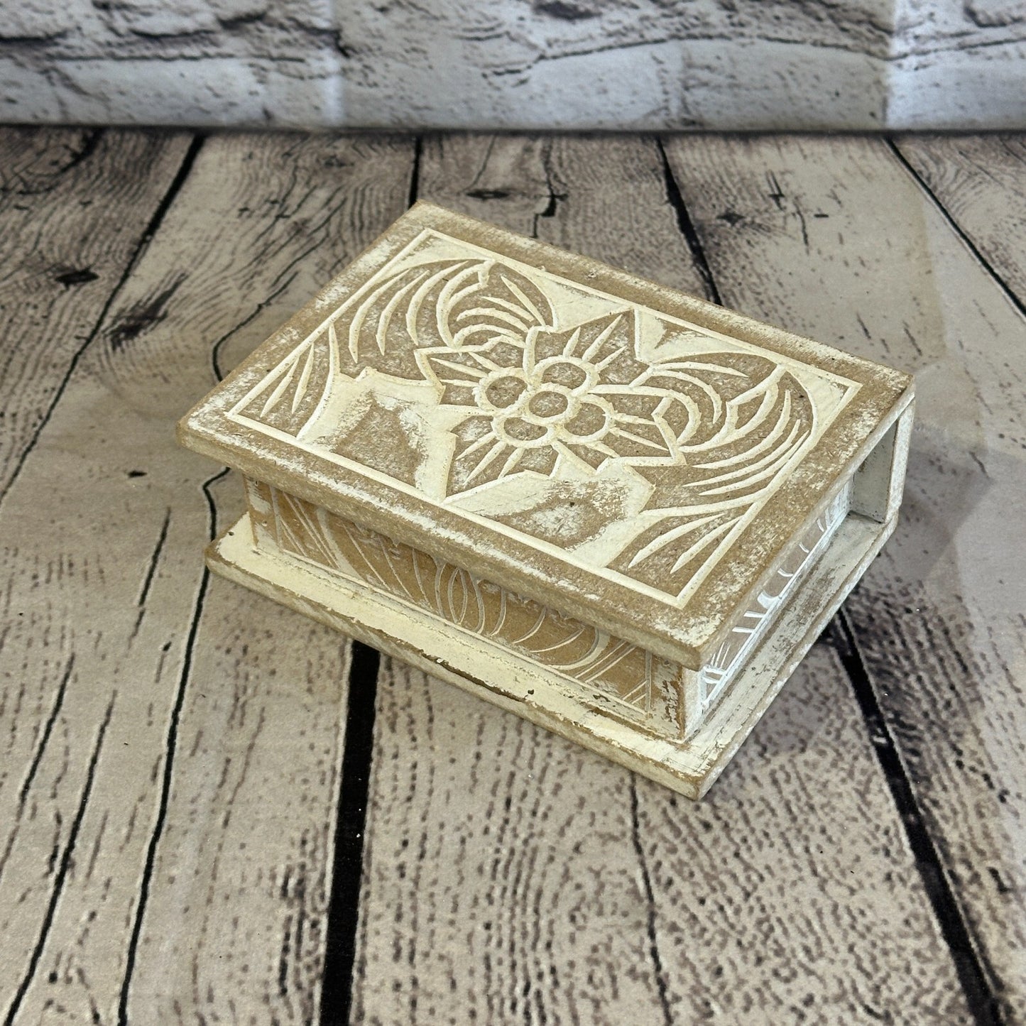 White Flower MDF Box Lotus 14cm x 10cm x 6cm Wooden Box Trinket Handmade