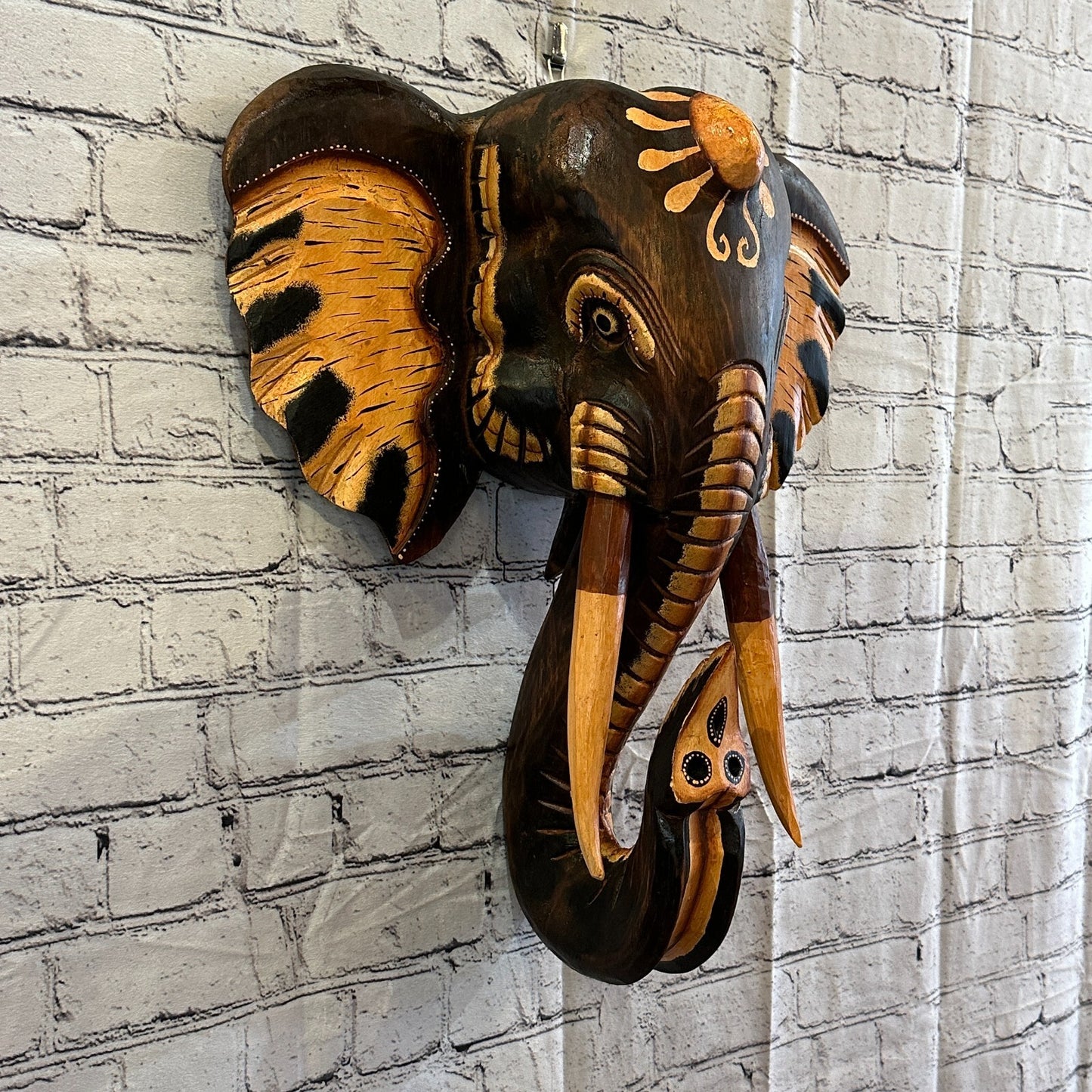 50cm x 45cm Brown Painted Wood Elephant Head Wall Mounted Art Large Shabby