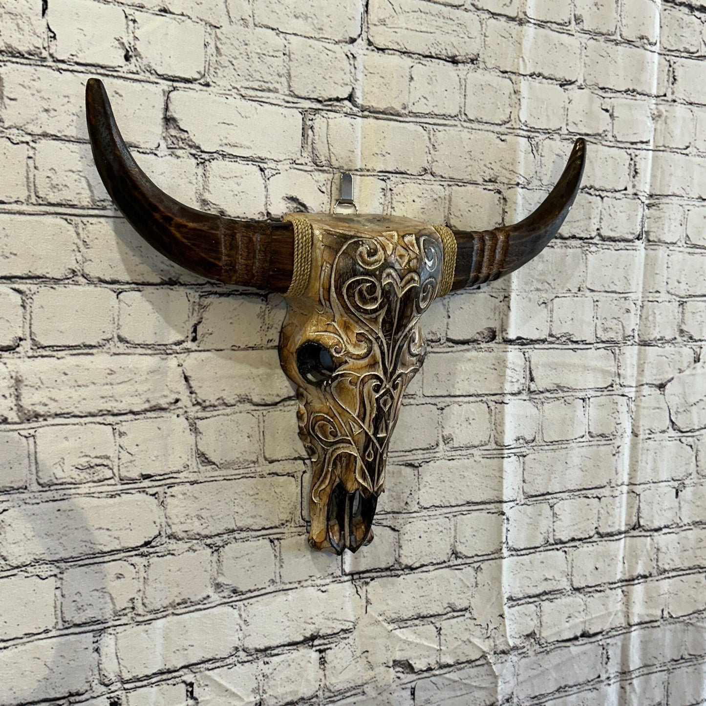 50cm x 40cm Brown Carved Wood Cow Bison Skull Head Wall Mounted Art Large Shabby
