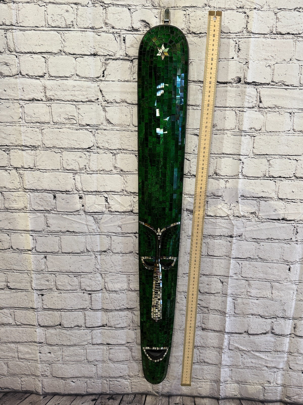 80cm Green Mosaic Mirror Mask Carved Painted Ethnic Tribal Wall Art Handmade