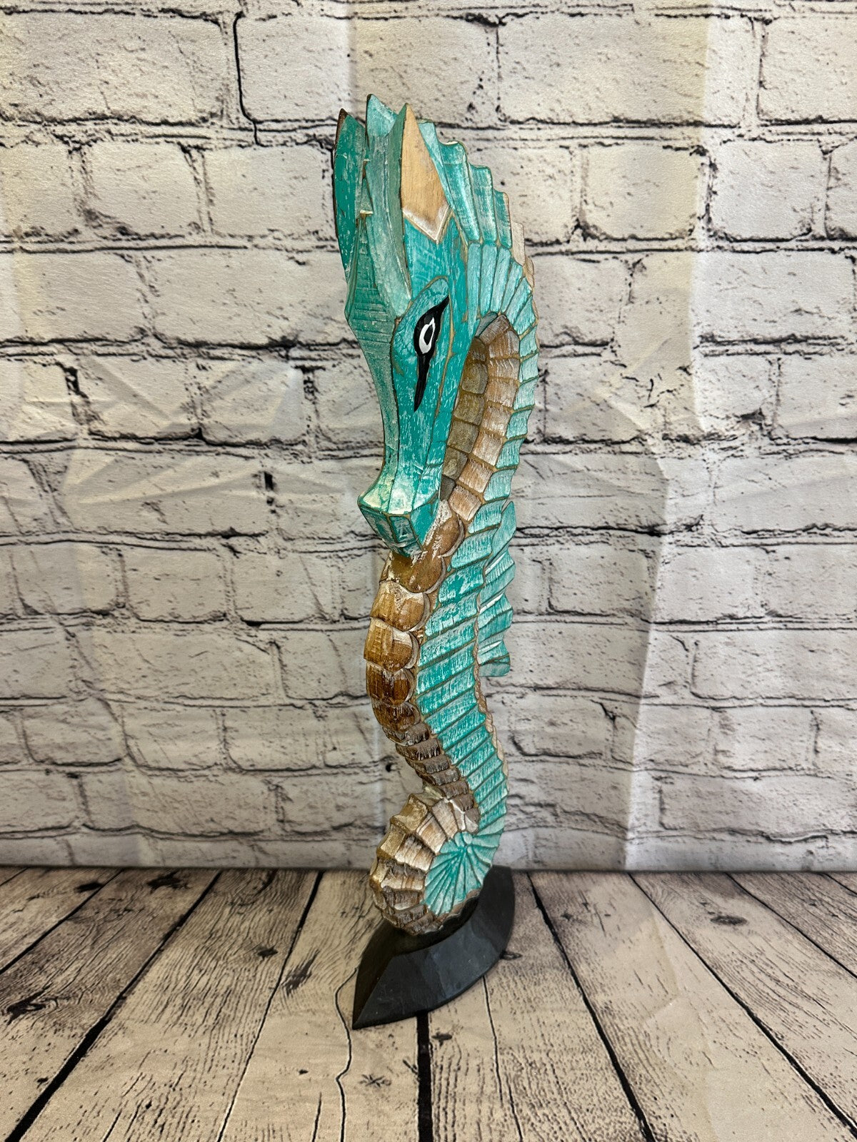 50cm Green Brown Wooden Shabby Seahorse Statue Ornament Fair Trade Handcarved