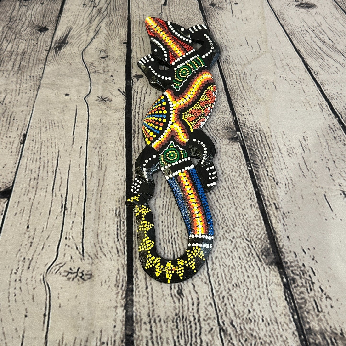 30cm Gecko Carved Wooden Dot Painted Ethnic Tribal Tiki Wall Handmade No 4