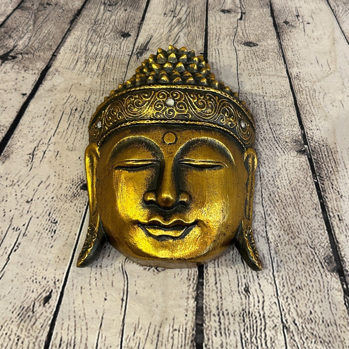 25cm Gold Buddha Head Mask Wooden Hanging Statue Figurine Ornament Fair Trade