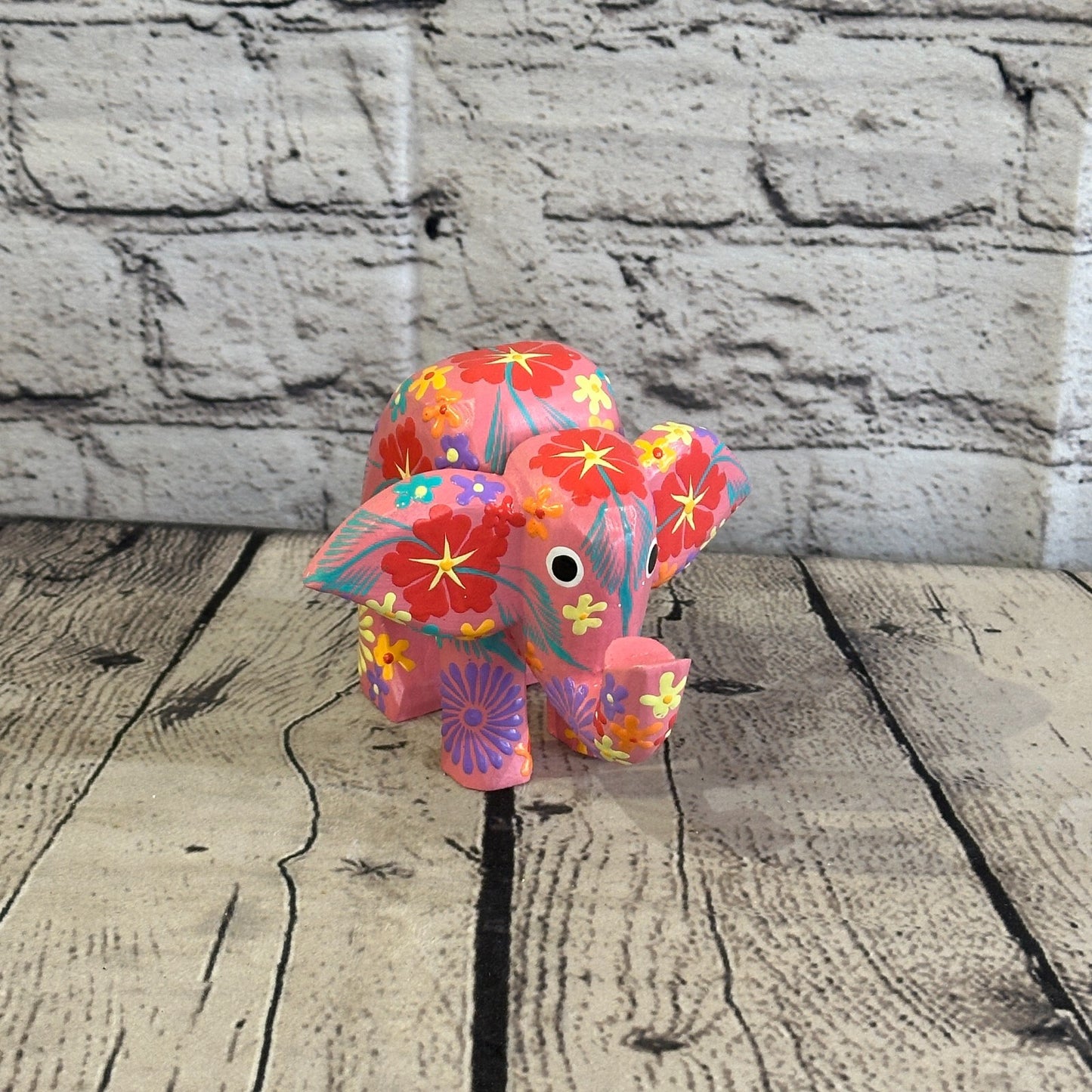 Pink Wooden Elephant With Flower Pattern 10cm x 12cm Handmade and Fairtrade