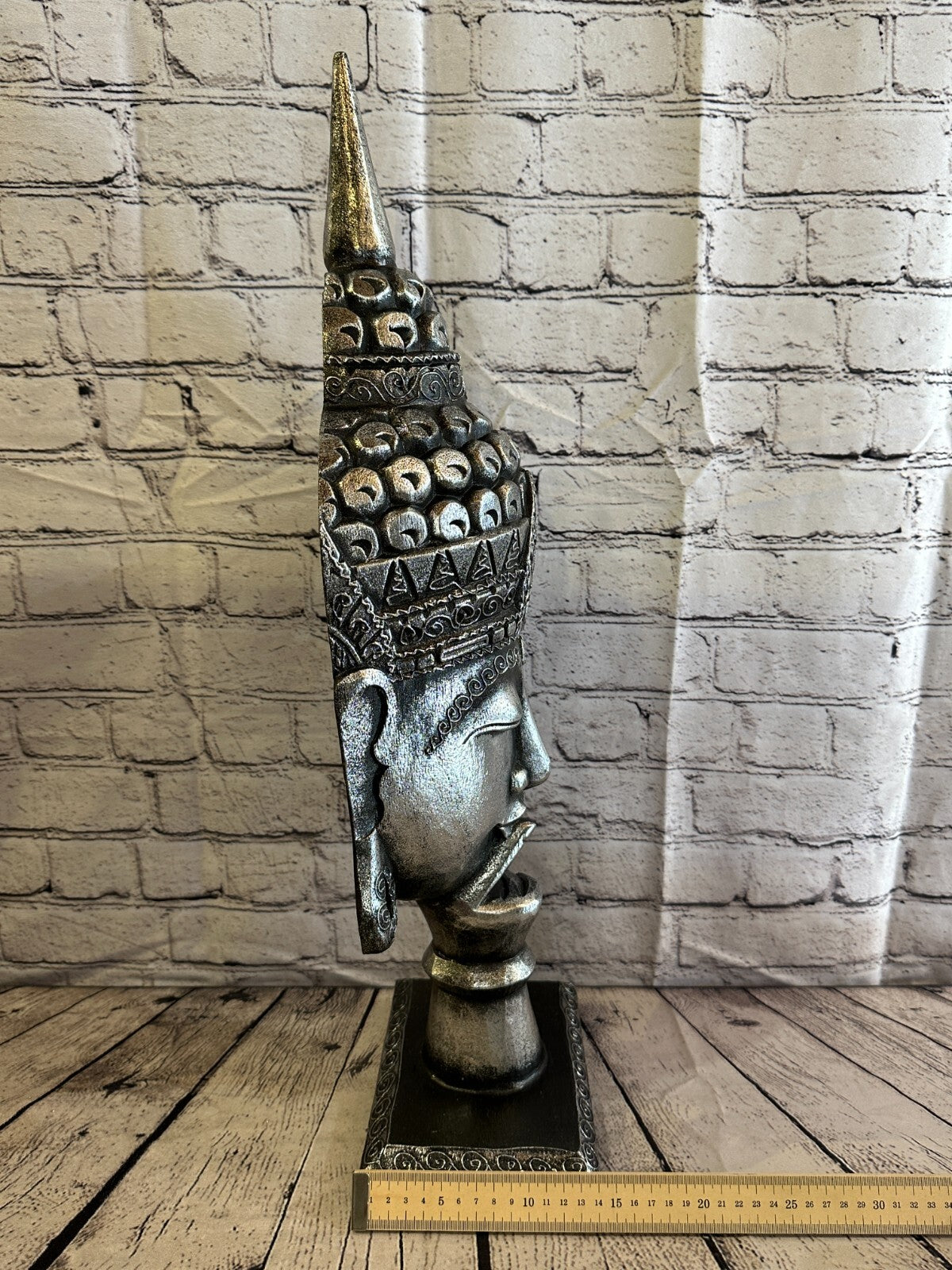 65cm Silver Buddha Head Wooden Standing Statue Figurine Ornament Fair Trade