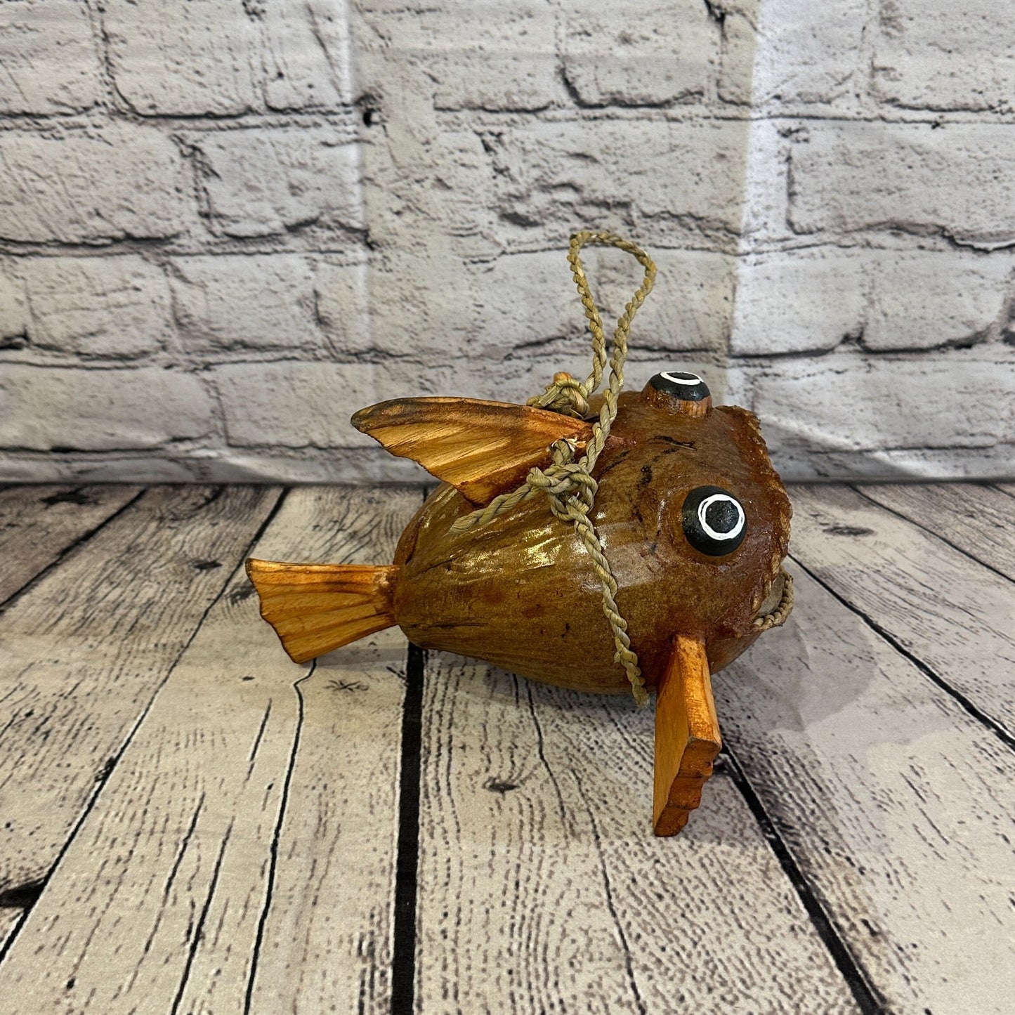 Plain Brown Folk Art Hand Painted Shark Fish Coconut Shell Ornaments Hanging