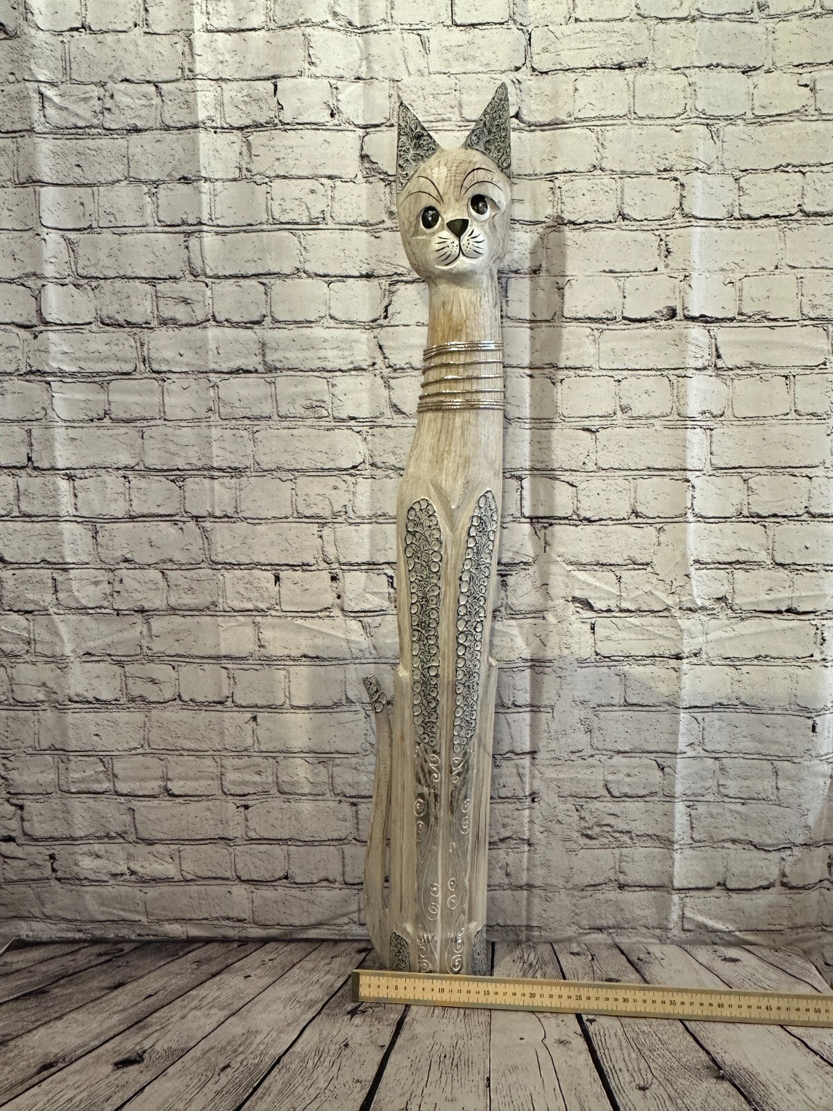 100cm White Swirl Flower Wooden Shabby Cat Statue Ornament Fair Trade Handcarved
