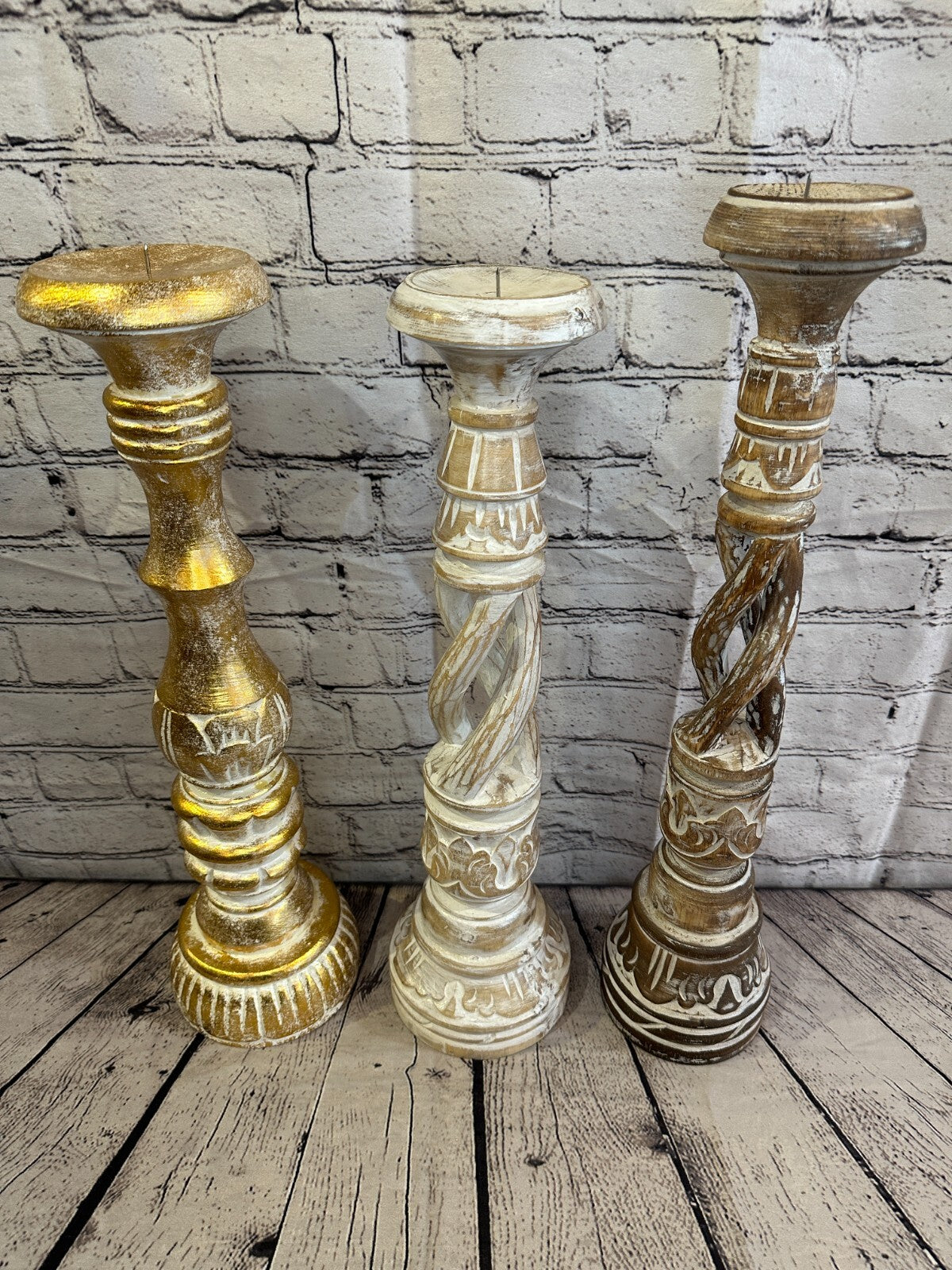 40cm Gold Tall Candlestick Shabby Chic Distressed Solid Column Candle Holder