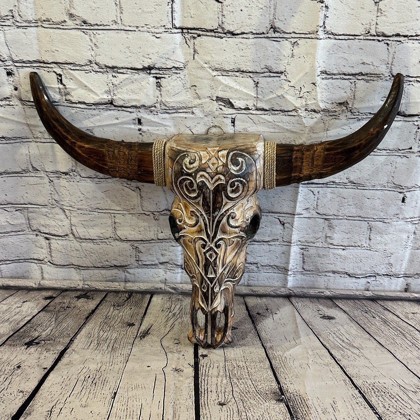 50cm x 40cm Brown Carved Wood Cow Bison Skull Head Wall Mounted Art Large Shabby