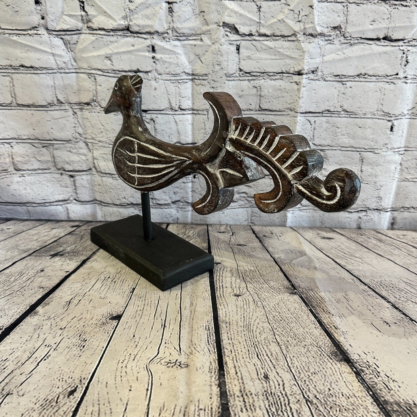 50cm x 30cm Wooden Tribal Primitive Black Phoenix Bird Stand Sculpture Statue