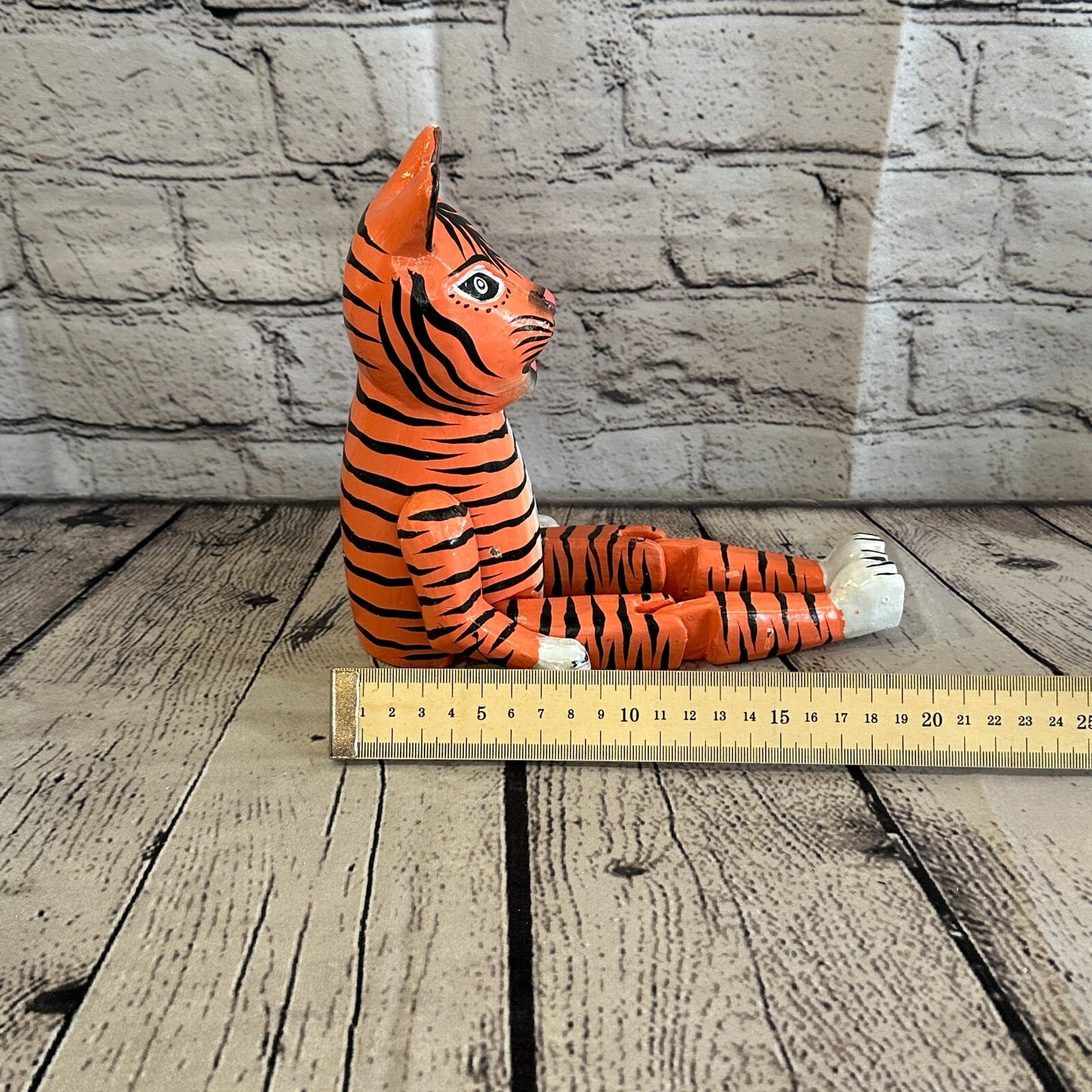 20cm Orange Tiger Sitting Animal, Wooden Shelf Ornament Handmade & Fairtrade
