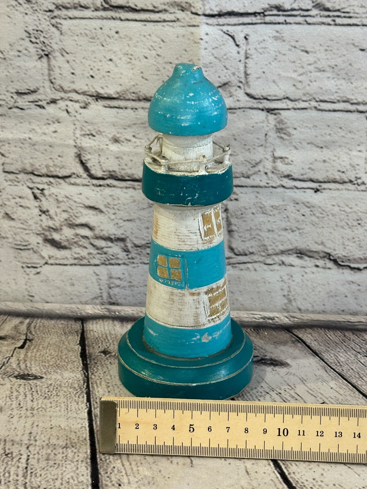 20cm Green White Wooden Lighthouse Ornament Nautical Coastal Sculpture Statue