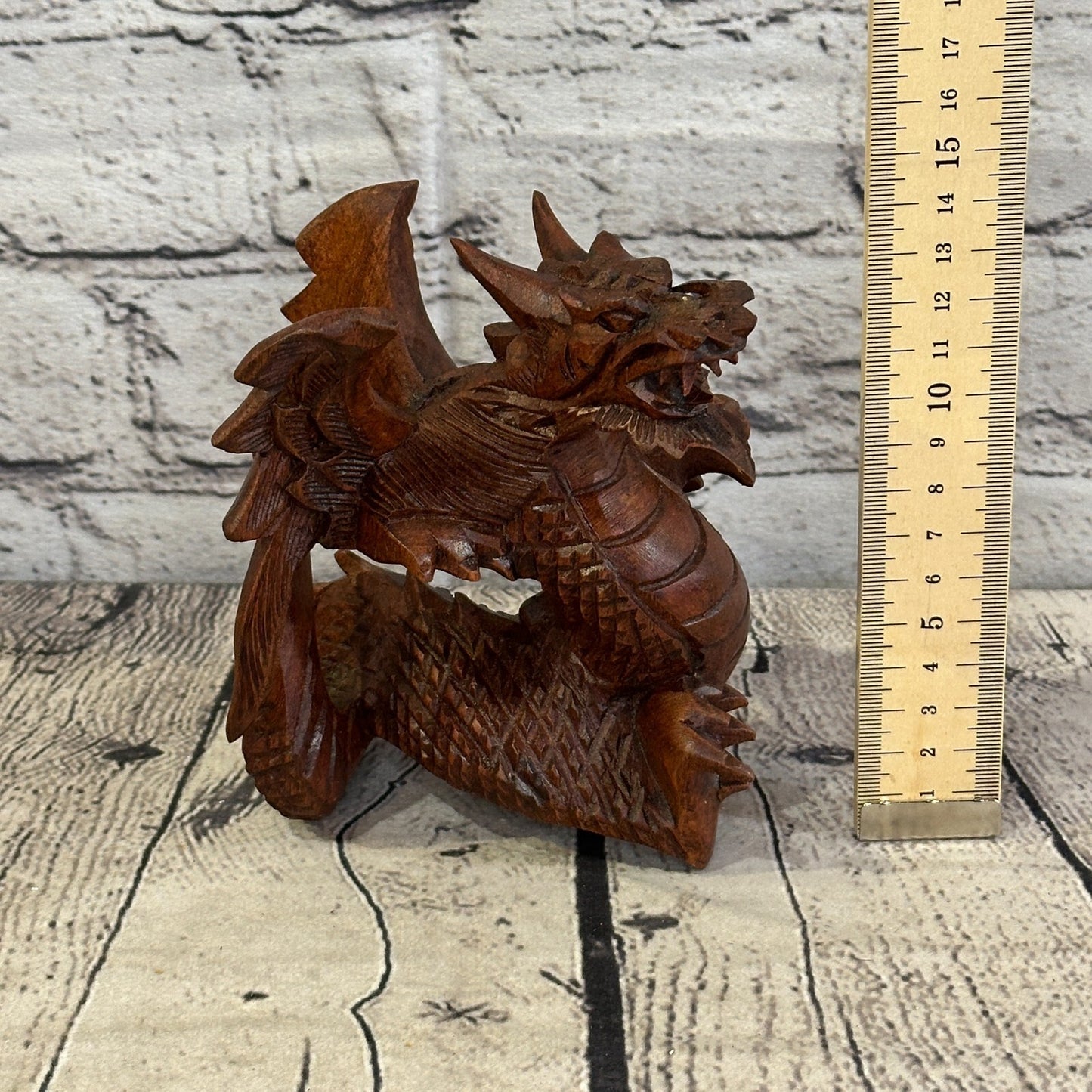 12cm x 10cm Dark Wooden Standing Dragon Carving Hand Carved Wing Back Dragon