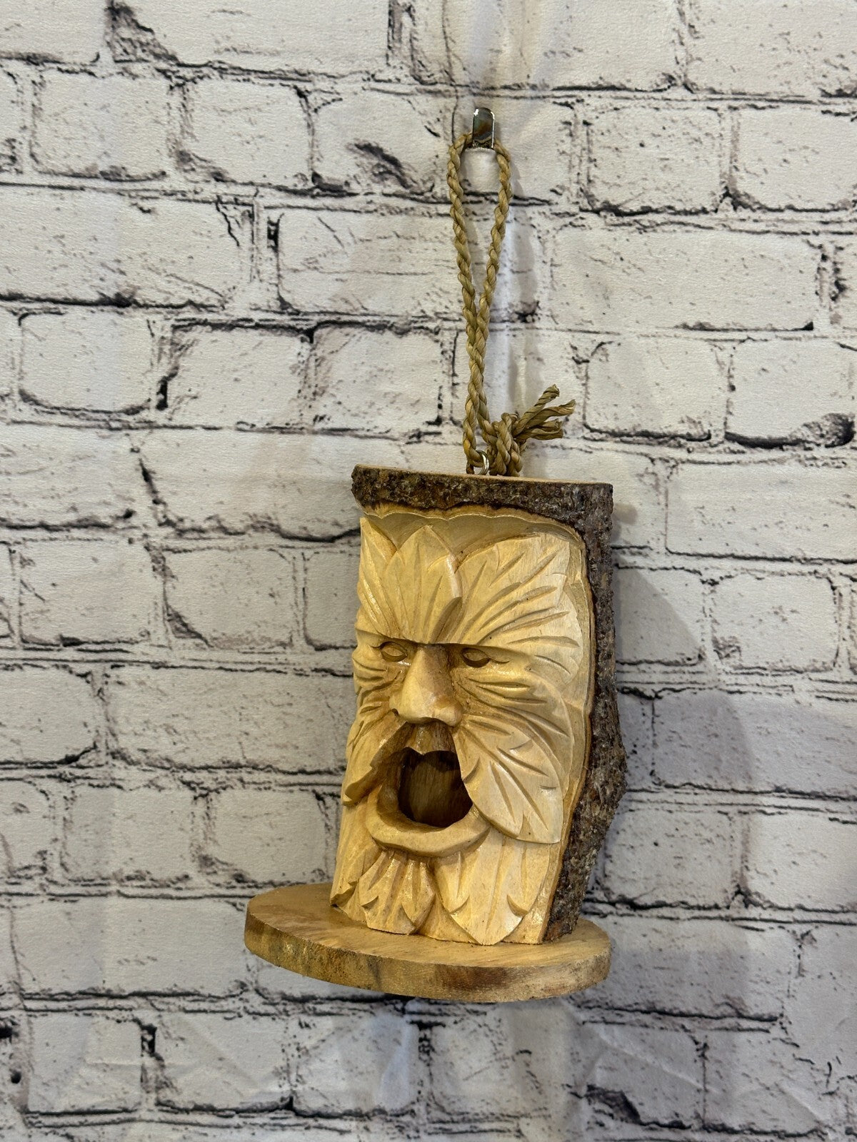 Bird House Green Man Of The Woods 25cm Hand Carved Tree Trunk Wood Fairtrade
