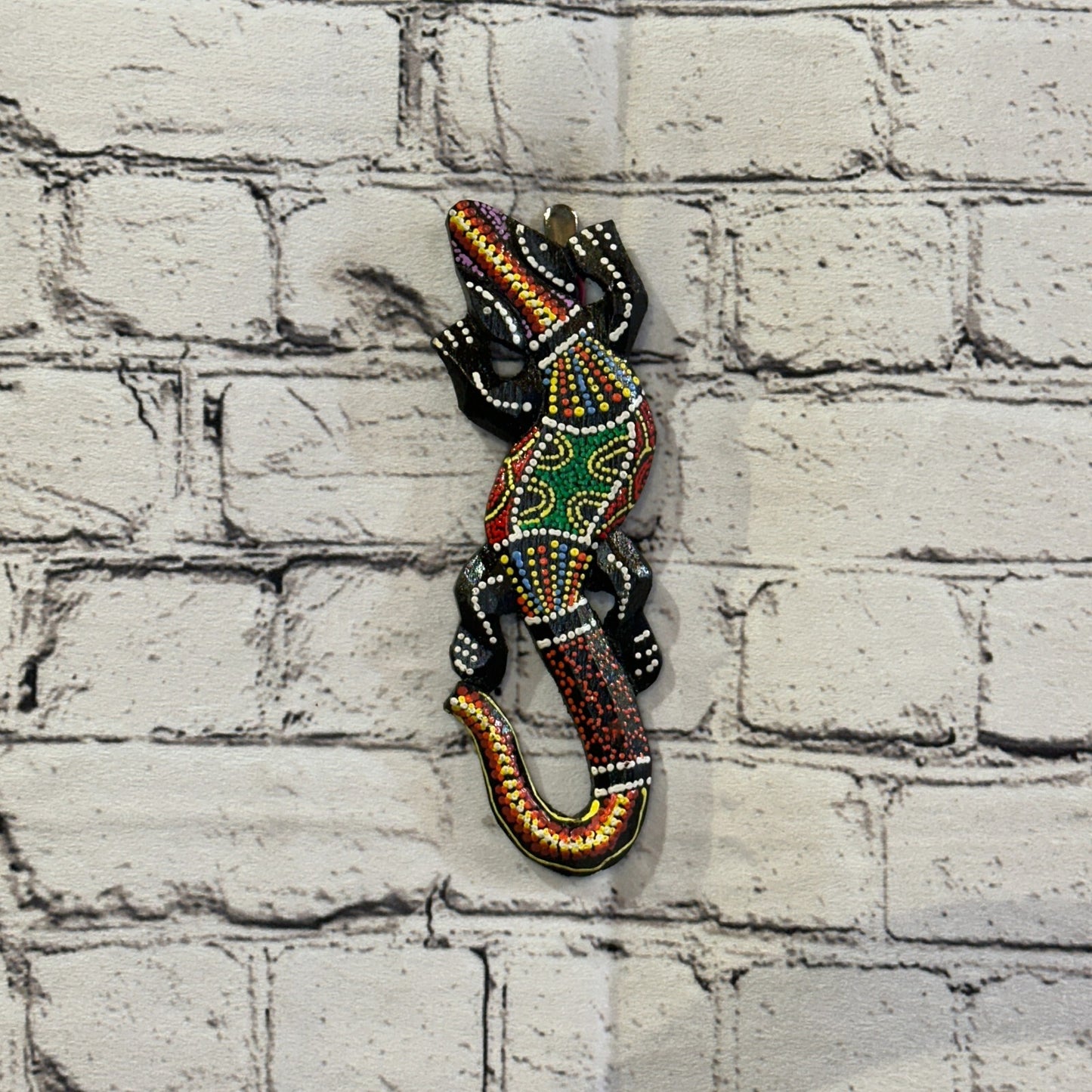 20cm Gecko Carved Wooden Dot Painted Ethnic Tribal Tiki Wall Handmade No 6
