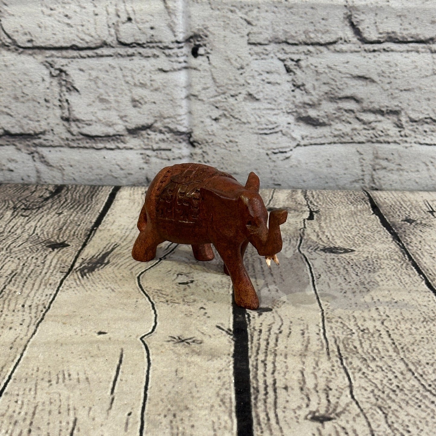 10cm x 6cm Carved Wooden Baby Elephant Wood Brown Sculpture Retro Handmade