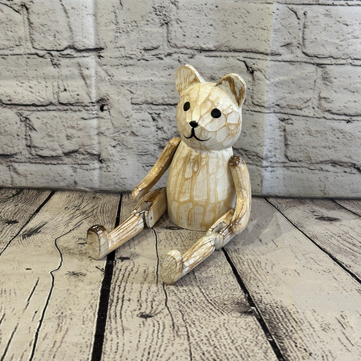 15cm Shabby White Teddy Sitting Animal Wooden Shelf Ornament Handmade Fairtrade