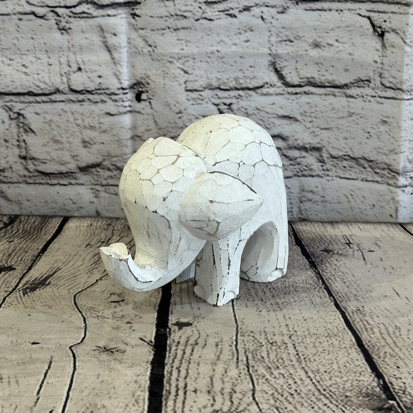 White Wooden Elephant With Shabby Pattern 10cm x 10cm Handmade and Fairtrade