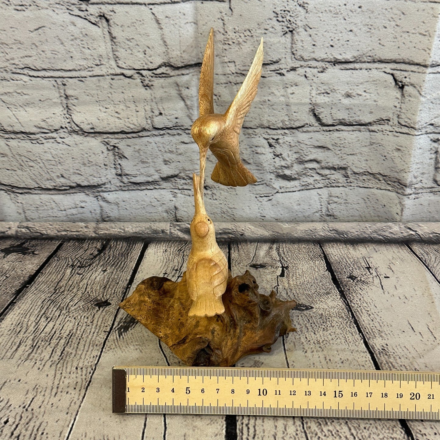 20cm Humming Bird With Baby Mushroom Parasite Ornament Natural Carving Wooden
