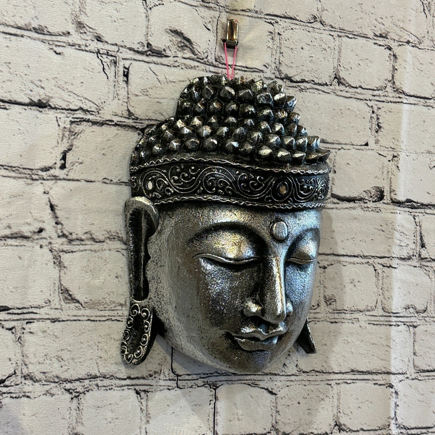 25cm Silver Buddha Head Mask Wooden Hanging Statue Figurine Ornament Fair Trade