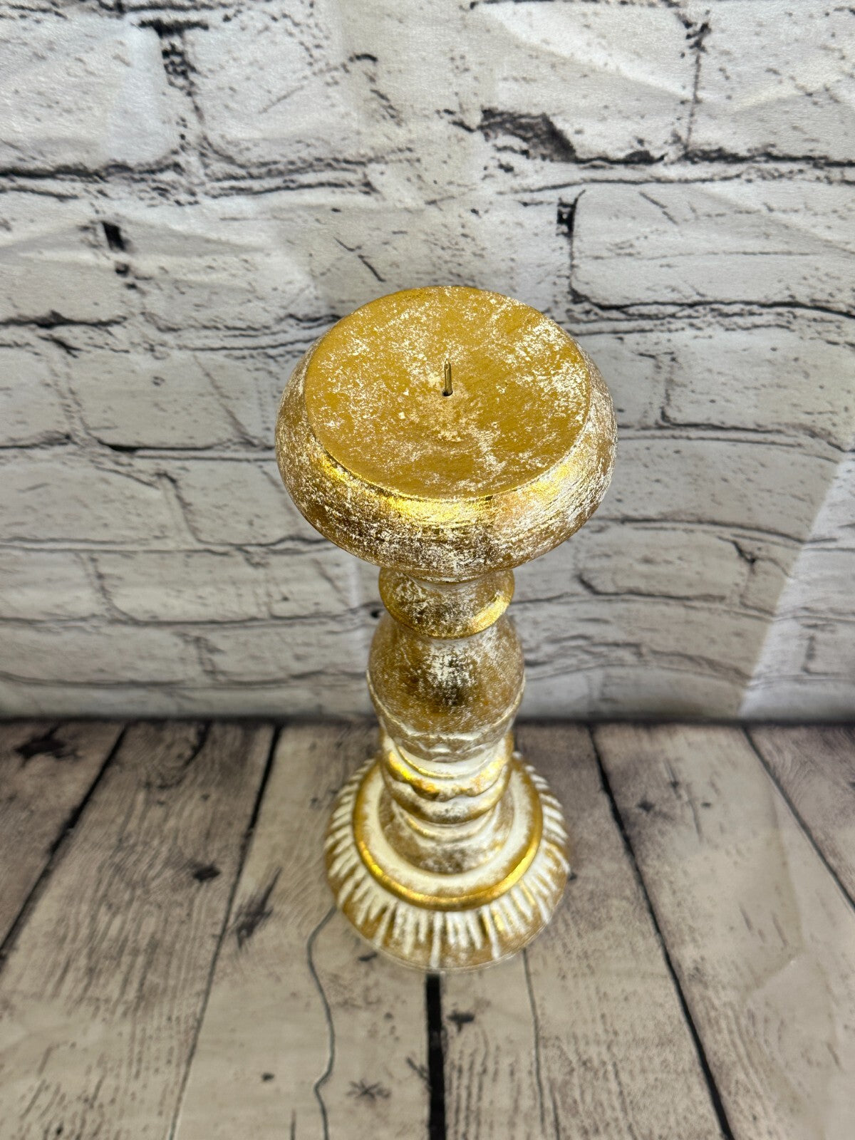 40cm Gold Tall Candlestick Shabby Chic Distressed Solid Column Candle Holder