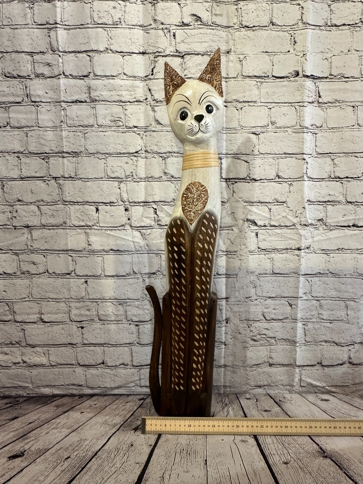 80cm Brown White Flower Wooden Shabby Cat Statue Ornament Fair Trade Handcarved