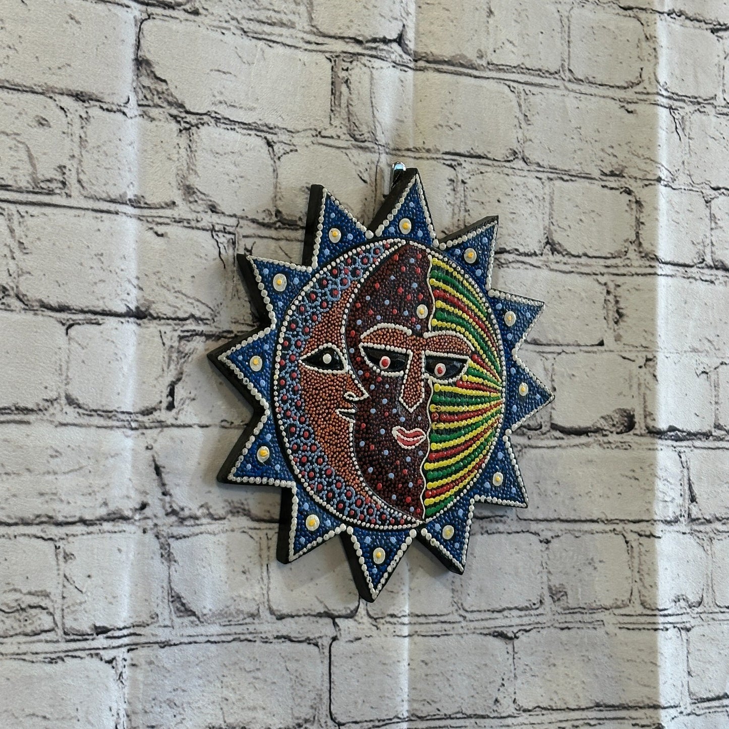 25cm Sun & Moon Carved Wooden Dot Painted Ethnic Tribal Tiki Wall Handmade No 2