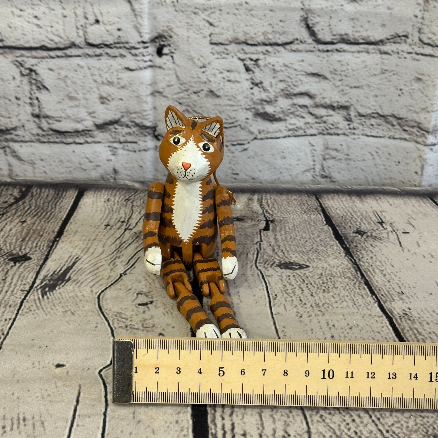 10cm Tabby Cat Sitting Animal, Wooden Shelf Ornament Handmade and Fairtrade