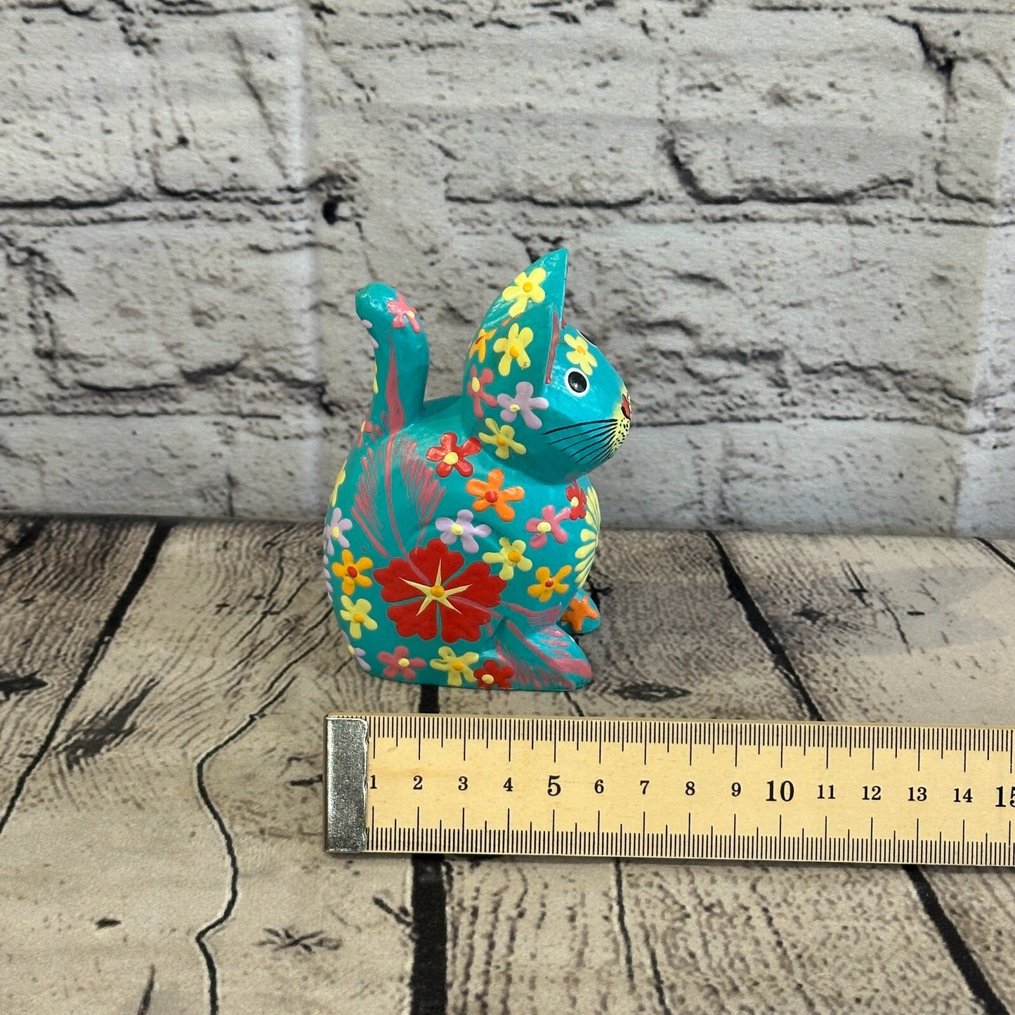 Blue Small Wooden Cat With Flower Pattern 12cm x 6cm Handmade and Fairtrade