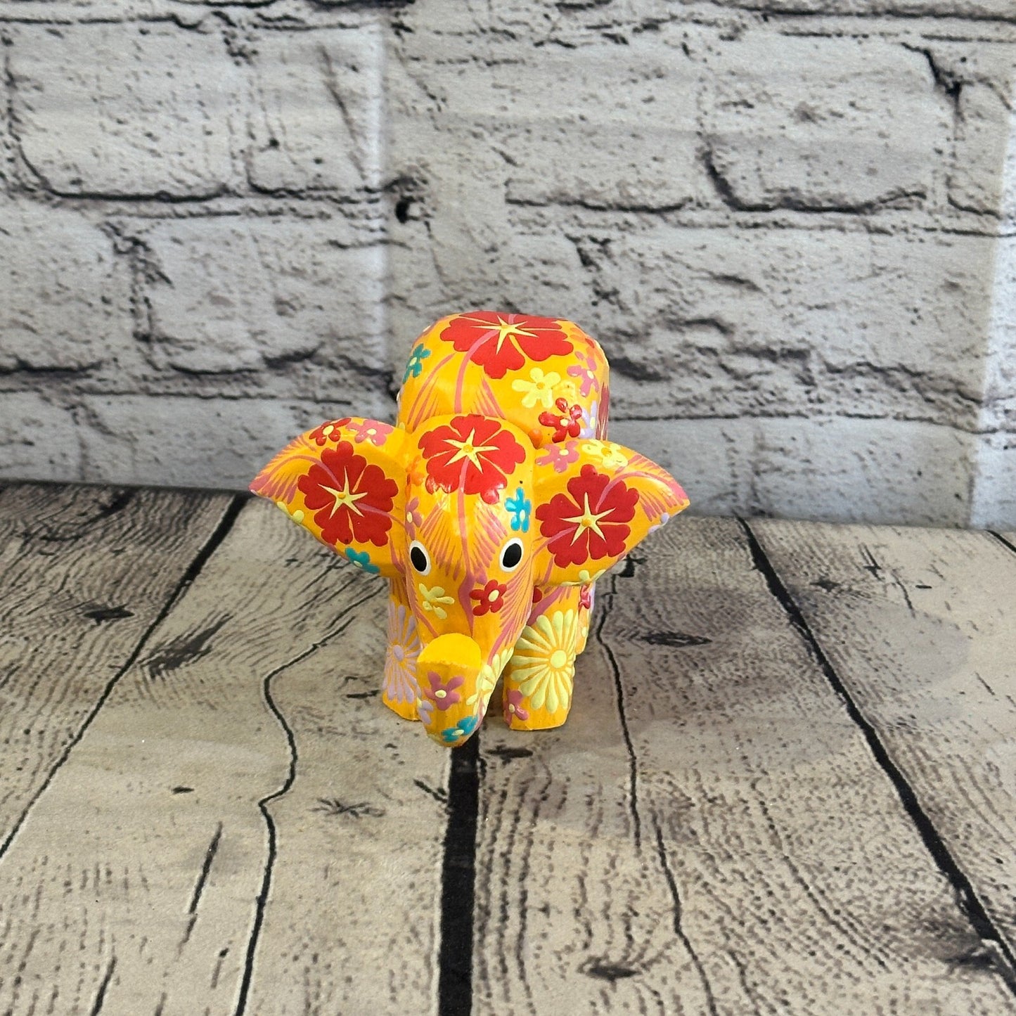 Orange Wooden Elephant With Flower Pattern 10cm x 12cm Handmade and Fairtrade