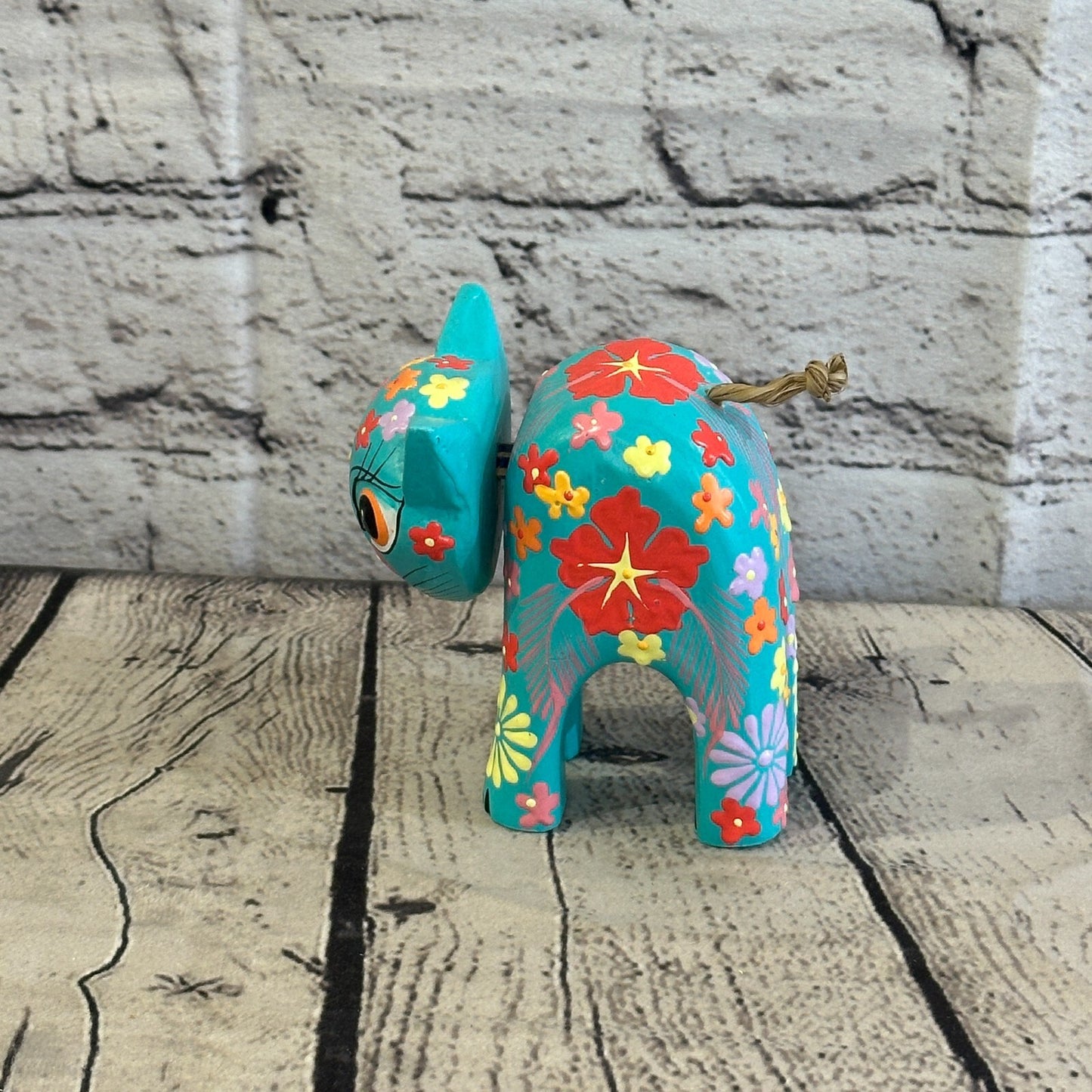 Blue Small Wooden Cat With Flower Pattern 10cm x 8cm Handmade and Fairtrade
