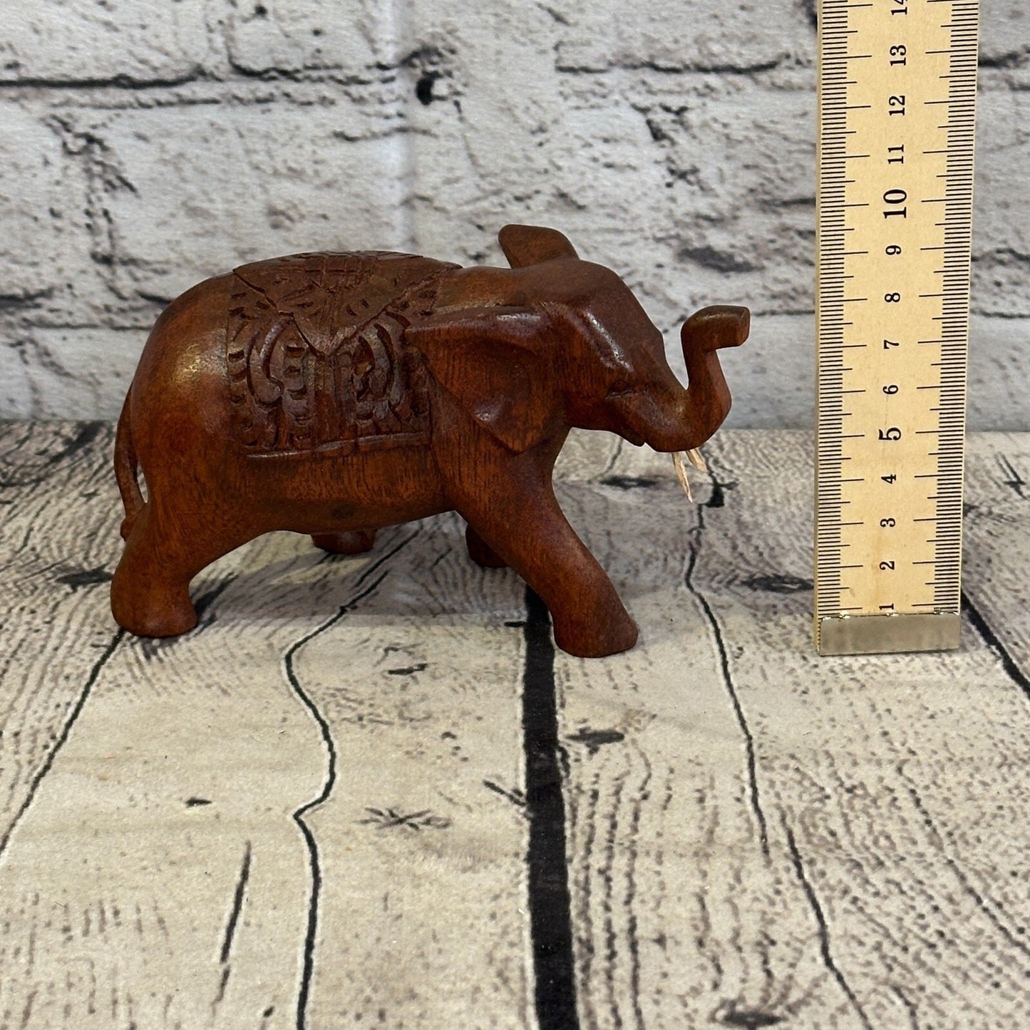 12cm x 8cm Carved Wooden Baby Elephant Wood Brown Sculpture Retro Handmade