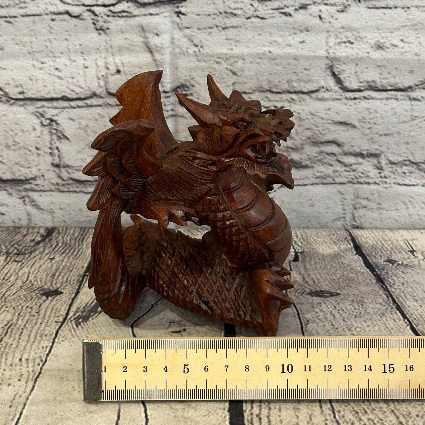 12cm x 10cm Dark Wooden Standing Dragon Carving Hand Carved Wing Back Dragon