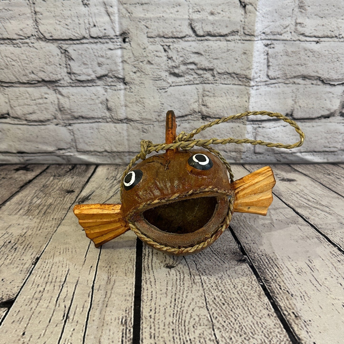 Plain Brown Folk Art Hand Painted Shark Fish Coconut Shell Ornaments Hanging