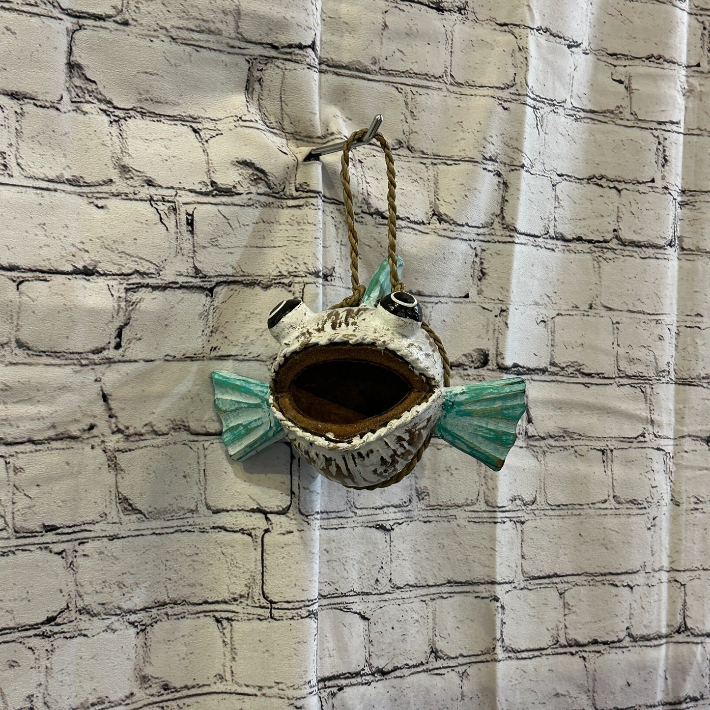 Green White Folk Art Hand Painted Shark Fish Coconut Shell Ornaments Hanging