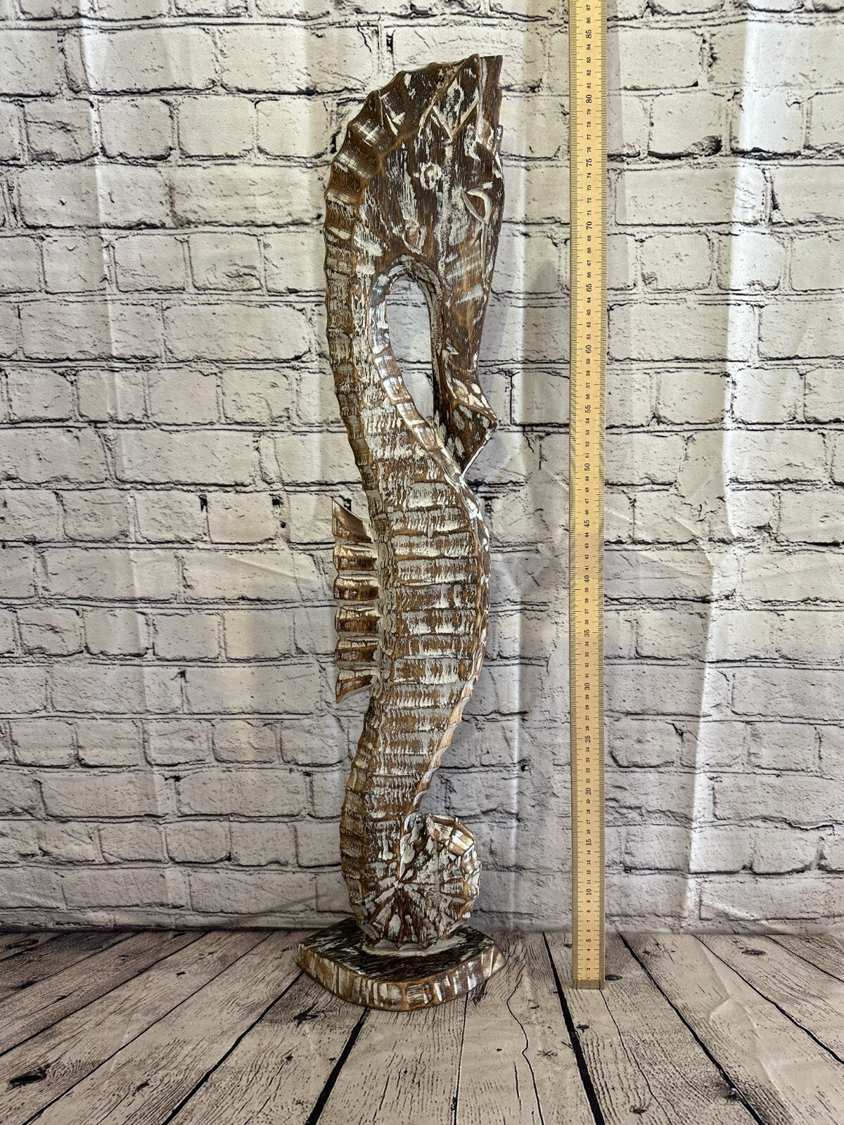 80cm Brown Plain Wooden Shabby Seahorse Statue Ornament Fair Trade Handcarved