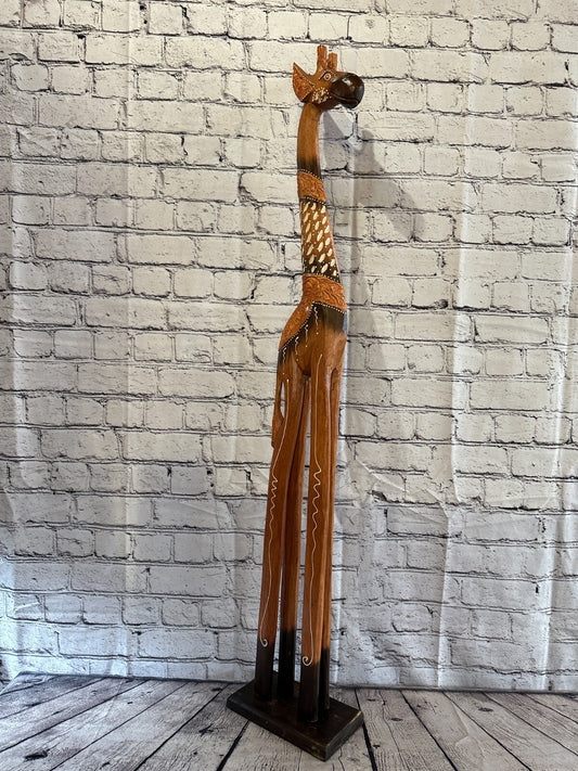 100cm Brown Painted Wood Giraffe Tall Statue Wood Modern Hand Carved Painted