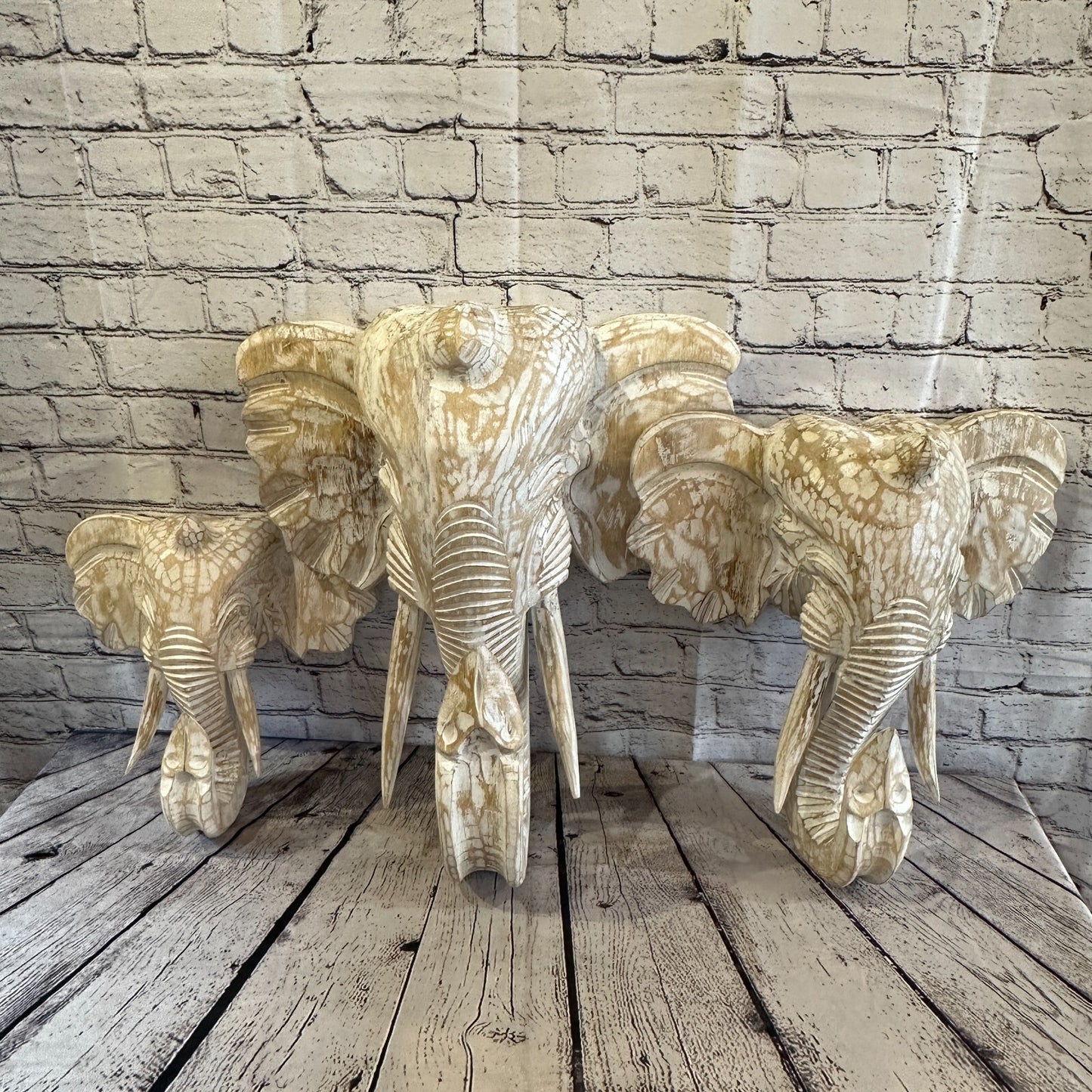 30cm x 30cm Cream White Carved Wood Elephant Head Wall Mounted Art Large Shabby