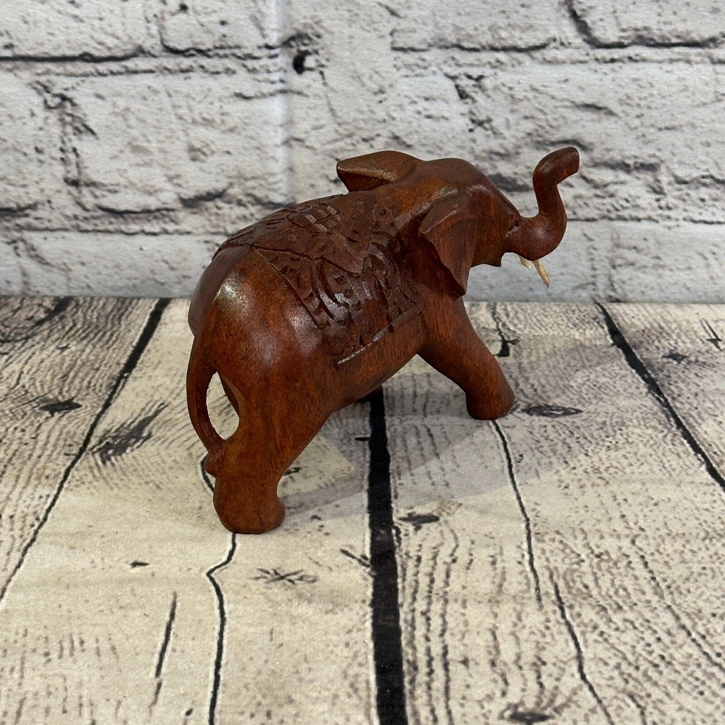 12cm x 8cm Carved Wooden Baby Elephant Wood Brown Sculpture Retro Handmade