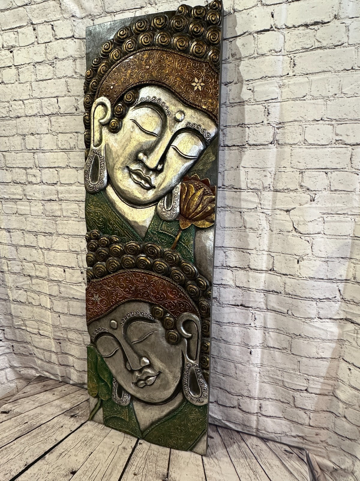 120cm x 40cm Tall Buddha 2 Faces Multi Colour Wooden Wood Panel Wall Art Plaque
