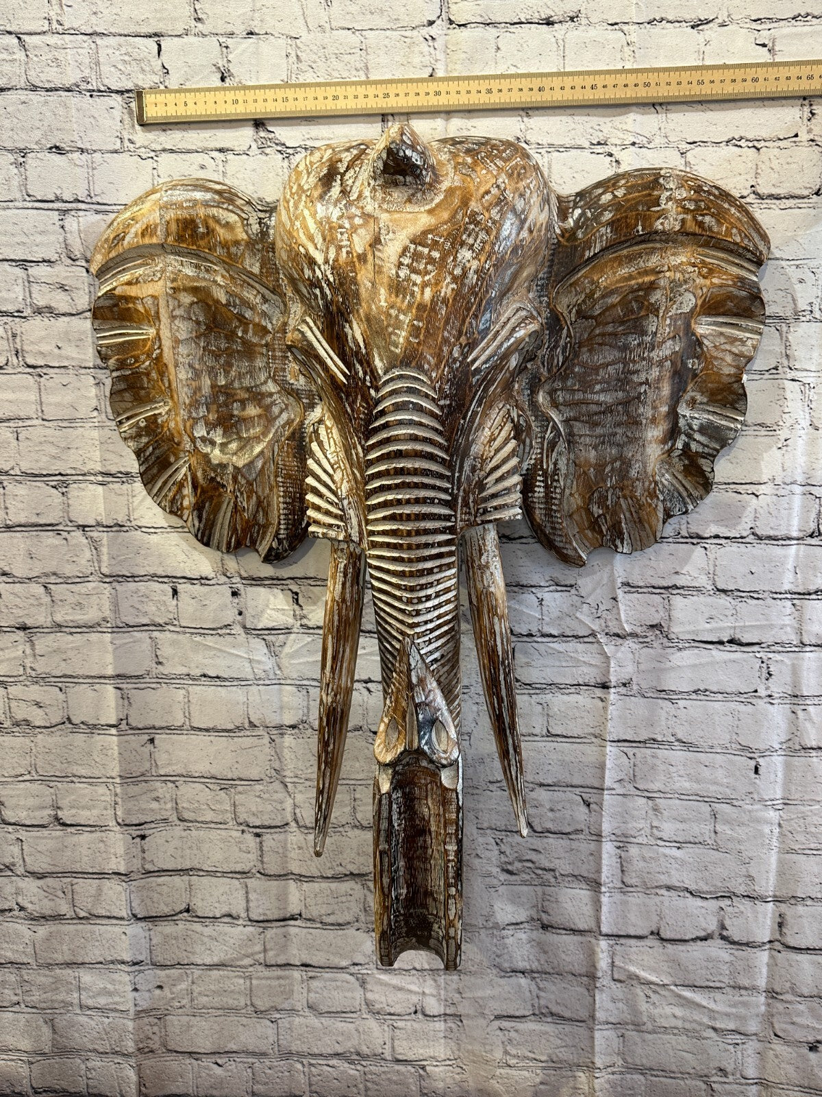 80cm x 60cm Brown Carved Wood Elephant Head Wall Mounted Art Large Shabby