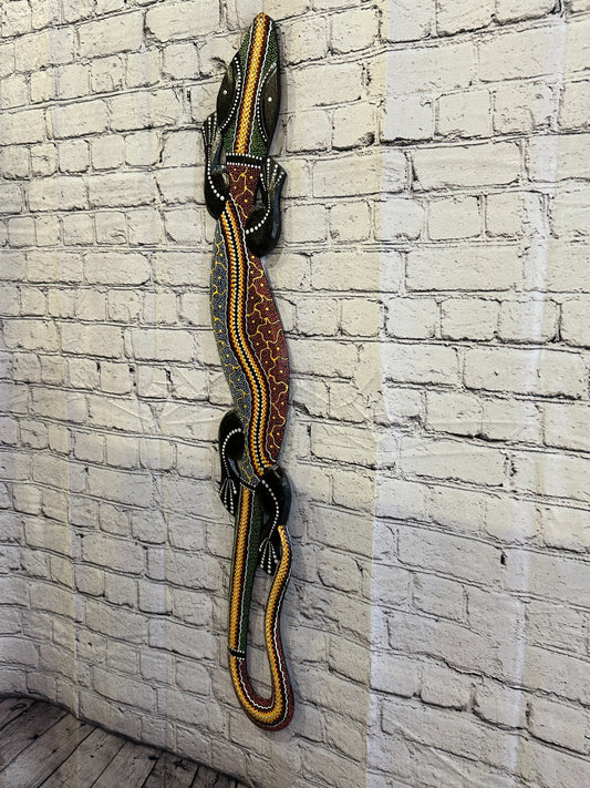 100cm Gecko Carved Wooden Dot Painted Ethnic Tribal Tiki Wall Handmade No 3