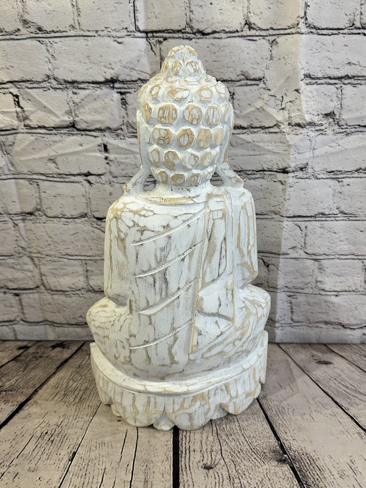 40cm x 20cm White Buddha Wooden Standing Statue Figurine Ornament Fair Trade