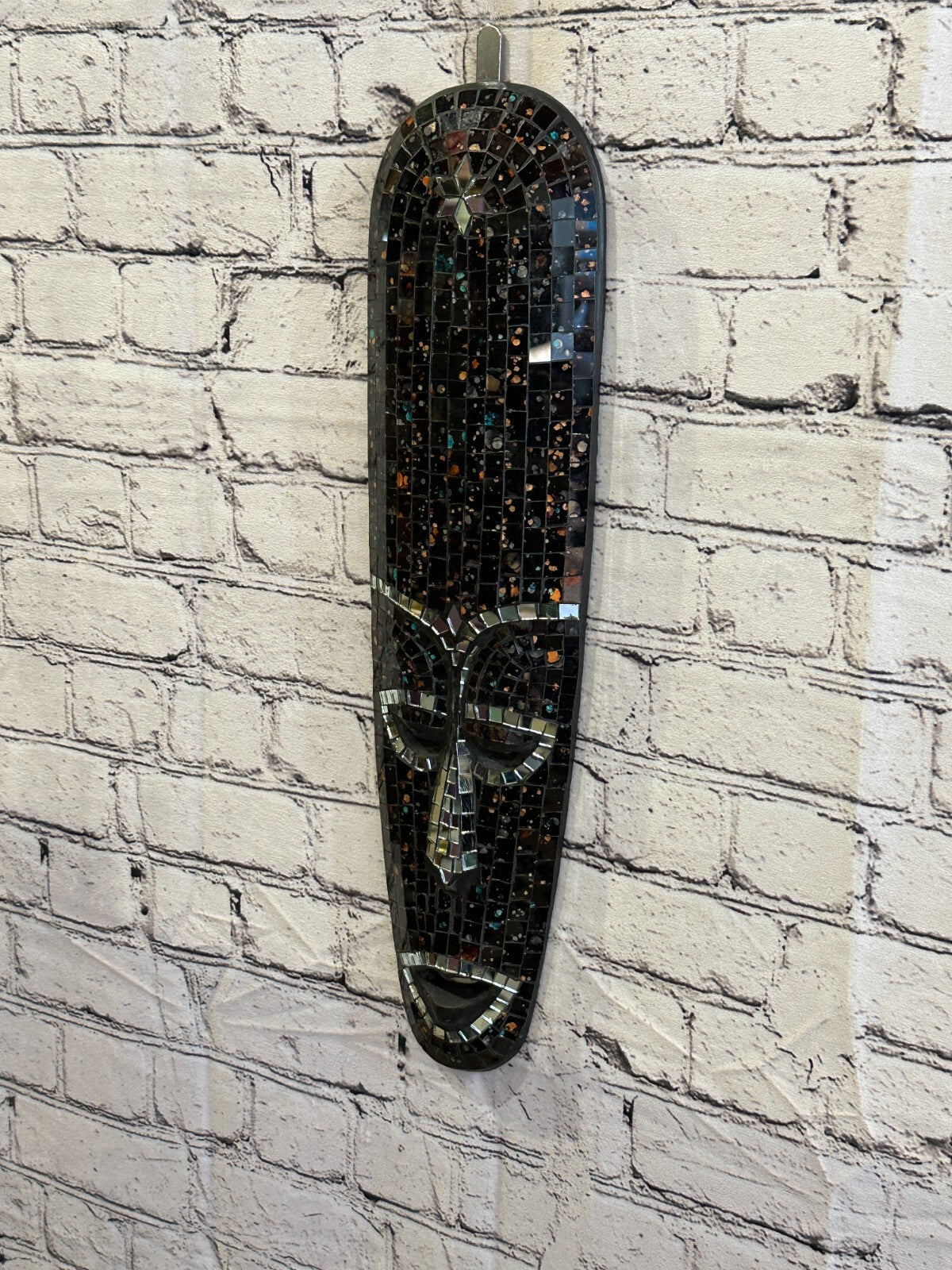 50cm Black Mosaic Mirror Mask Carved Painted Ethnic Tribal Wall Art Handmade
