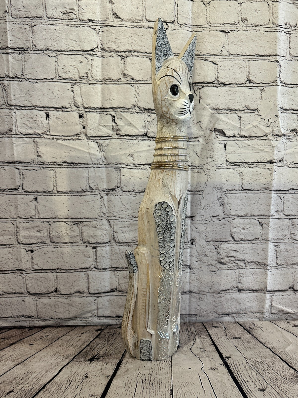 60cm White Swirl Flower Wooden Shabby Cat Statue Ornament Fair Trade Handcarved