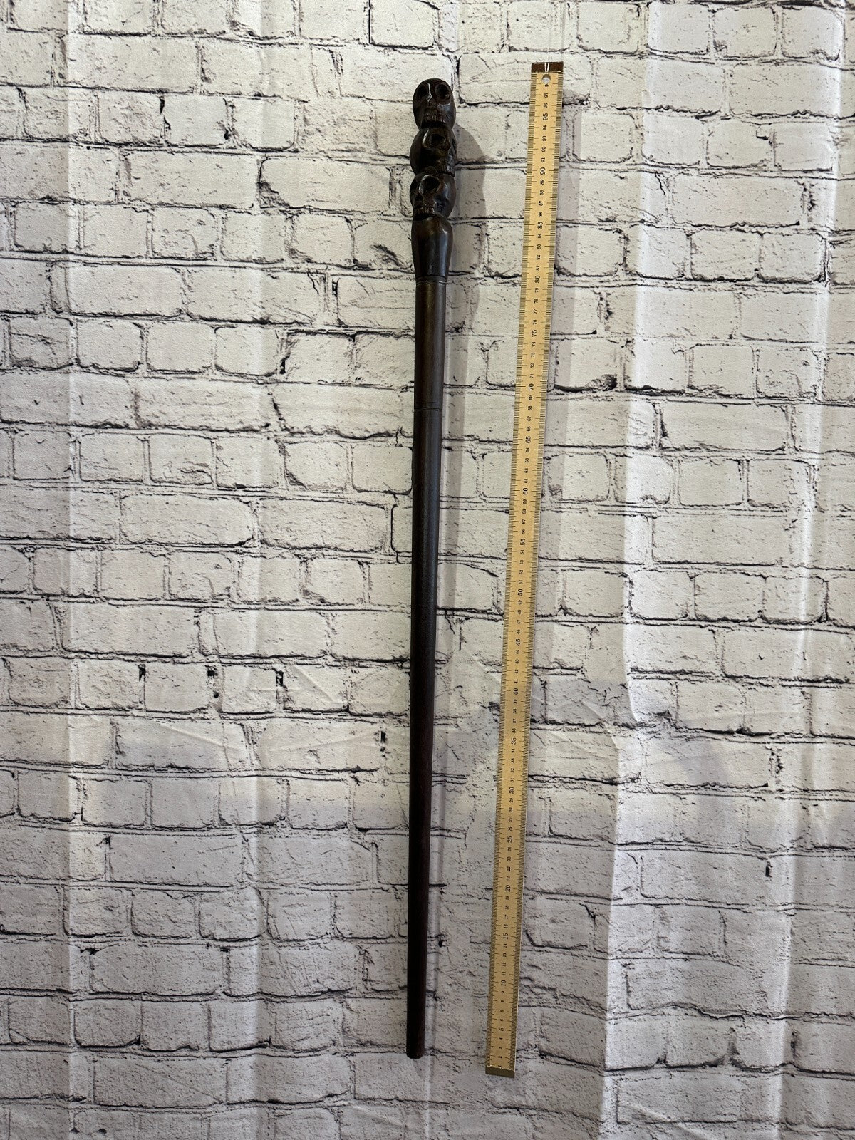 Pillar Three Skulls 90cm Tribal African Walking Stick Cane Hand Carved Dark Wood