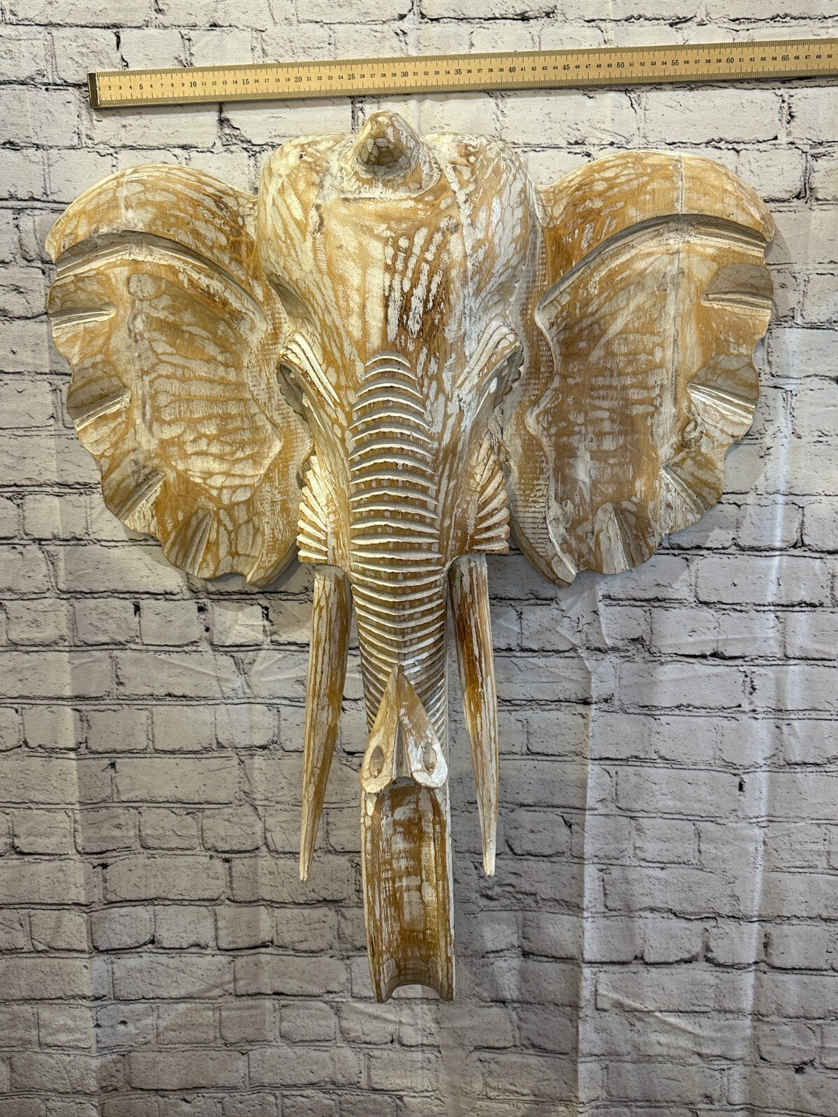 80cm x 60cm Cream White Carved Wood Elephant Head Wall Mounted Art Large Shabby