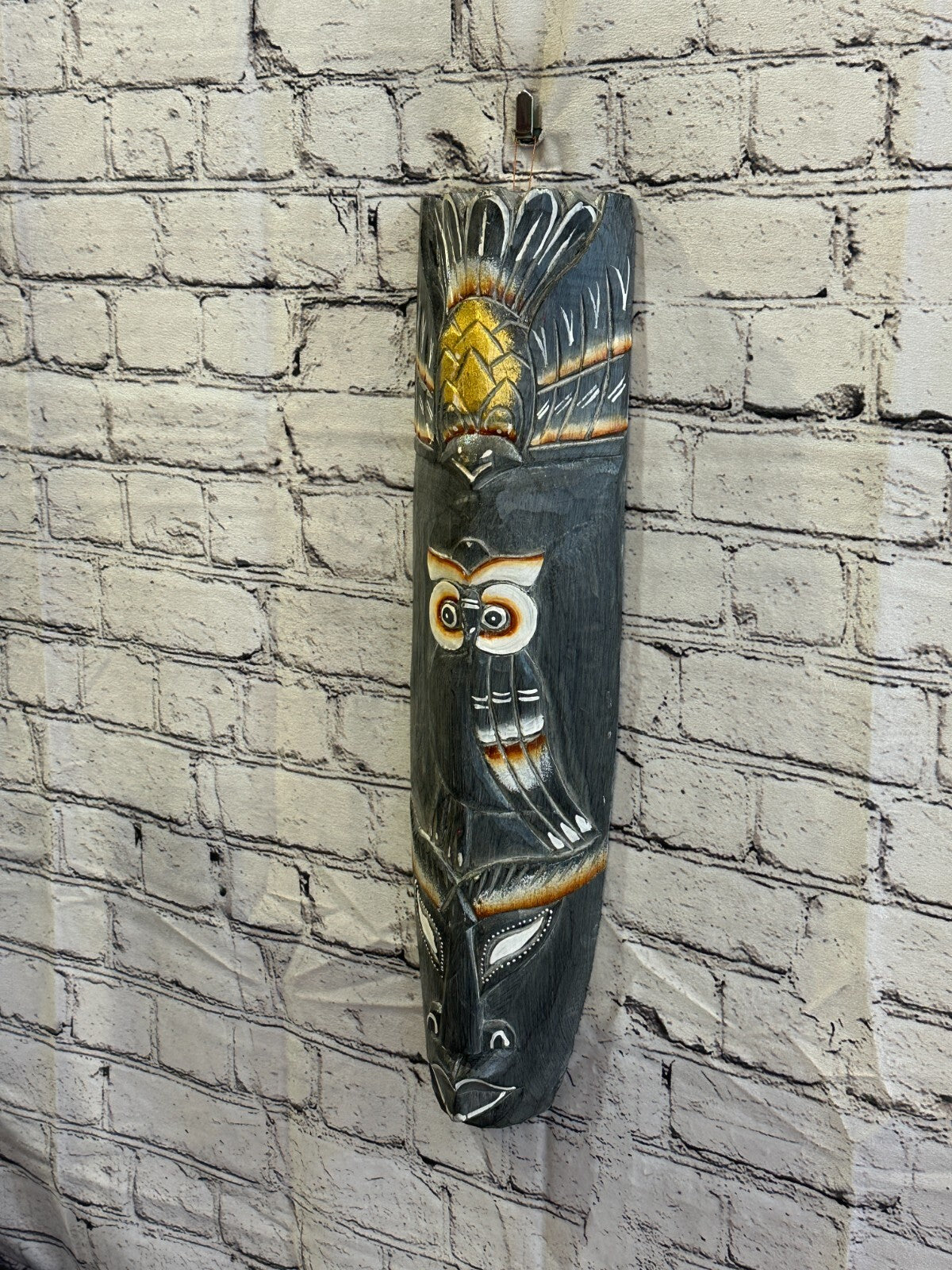 50cm Dark Grey Owl Hand Carved Fair Trade Wooden Animal Wall Art Wall Hang Mask