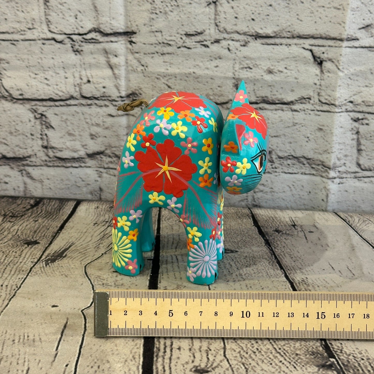 Blue Large Wooden Cat With Flower Pattern 15cm x 10cm Handmade and Fairtrade